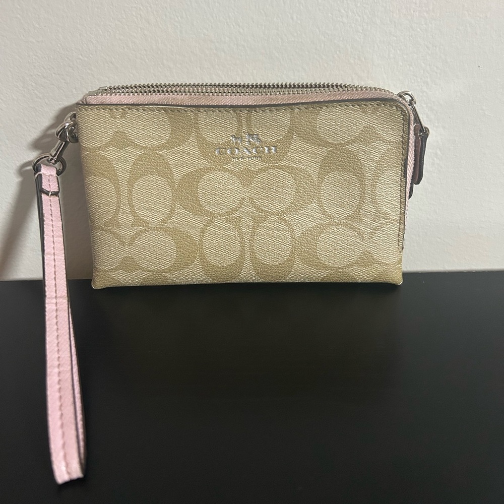 Coach double zip wristlet Signature C leather Pink light khaki VGU